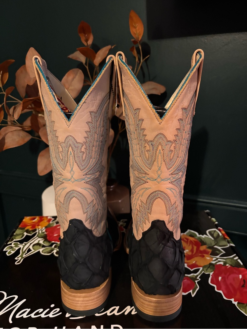 Macie Bean Two-Tone Western Boots — Black & Tan Exotic Amazonian Big Bass - Picture 9 of 15